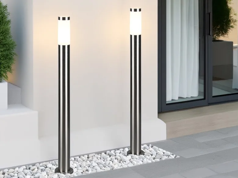 2er Set moderne LED Pollerleuchten aus Edelstahl in Silber, Höhe 80cm