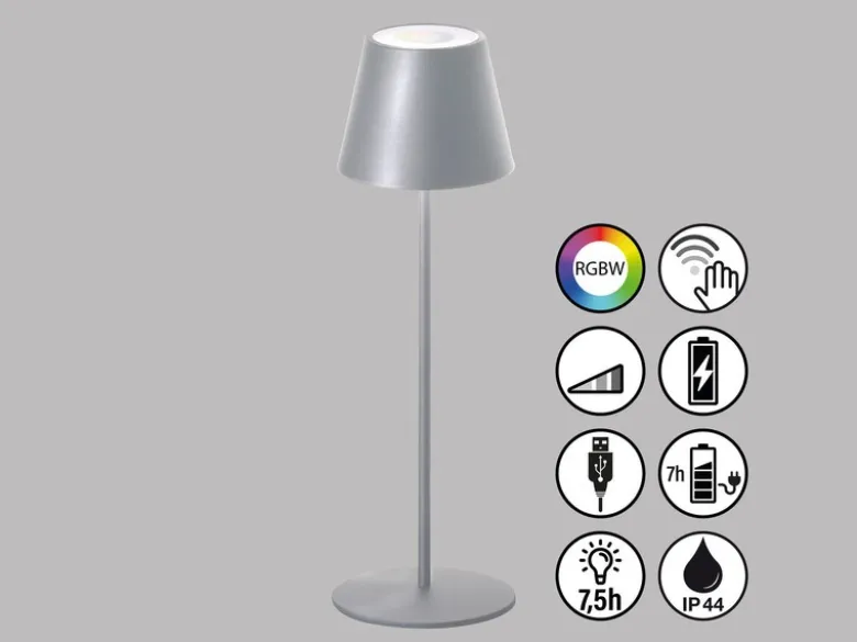 2er SET Outdoor Akku Tischlampen Silber ohne Kabel mit RGB, Höhe 38cm