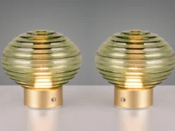2er SET Retro Akku Tischleuchten mit Glas Lampenschirm Grün, Höhe 14cm
