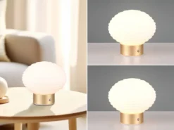 2er SET Retro Akku Tischleuchten mit Glas Lampenschirm Weiß, Höhe 14cm