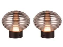 2er SET Retro Akku Tischleuchten mit Rauchglas Lampenschirm, Höhe 14cm