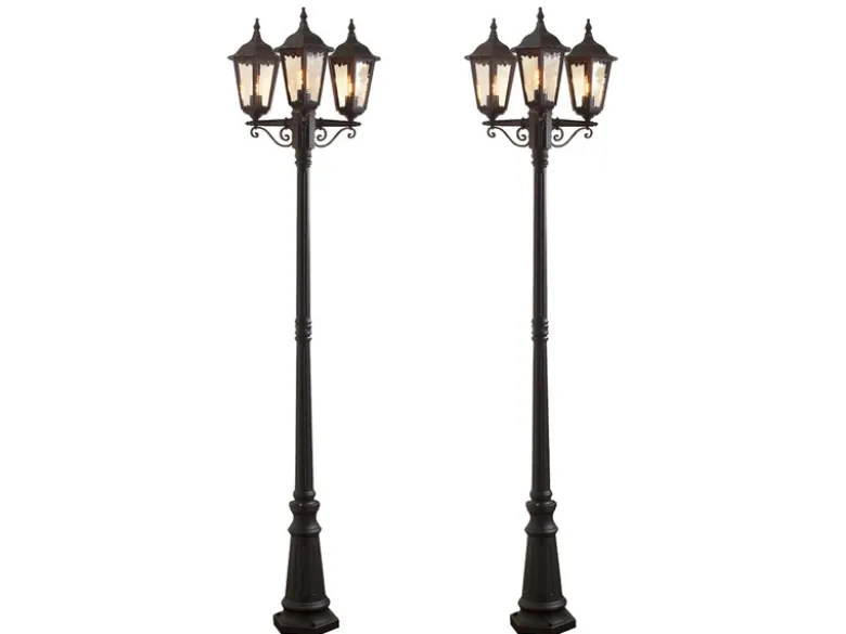 2er-Set schwarze Gartenlaterne FIRENZE 3 x E27 inkl. Pfahl und Fundament