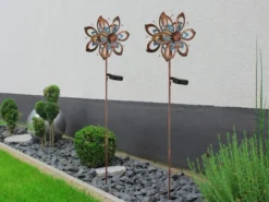 2er Set Solar Gartenstecker Windrad mit Erdspieß in Kupfer & Blau, Höhe 92cm