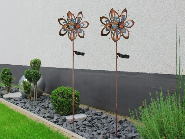 2er Set Solar Gartenstecker Windrad mit Erdspieß in Kupfer & Blau, Höhe 92cm
