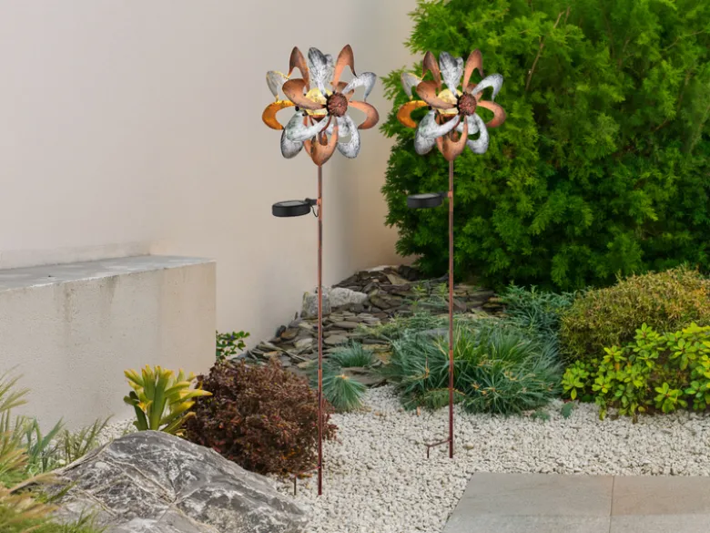 2er Set Solar Gartenstecker Windrad mit Erdspieß in Kupfer & Silber, Höhe 92cm