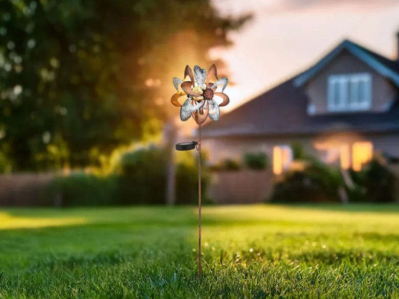 2er Set Solar Gartenstecker Windrad mit Erdspieß in Kupfer & Silber, Höhe 92cm