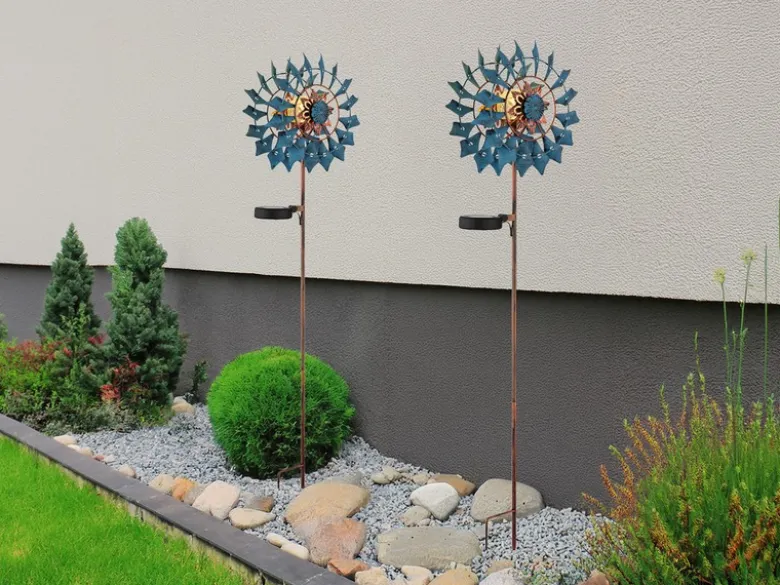 2er Set Solar Gartenstecker Windrad mit Erdspieß in Blau & Kupfer, Höhe 92cm
