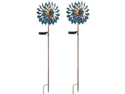 2er Set Solar Gartenstecker Windrad mit Erdspieß in Blau & Kupfer, Höhe 92cm