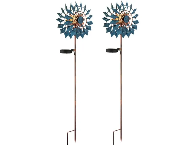 2er Set Solar Gartenstecker Windrad mit Erdspieß in Blau & Kupfer, Höhe 92cm