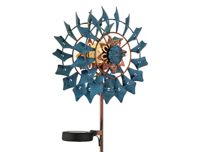 2er Set Solar Gartenstecker Windrad mit Erdspieß in Blau & Kupfer, Höhe 92cm
