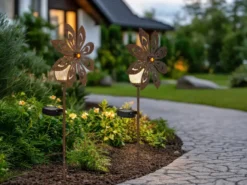 2er Set Solar Gartenstecker Windspiel mit Erdspieß in Rostoptik, Höhe 50cm