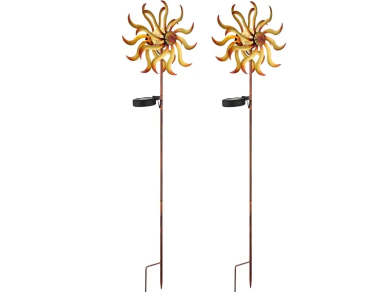 2er Set Solar Gartenstecker Windrad mit Erdspieß in Orange-Gelb & Kupfer H: 92cm