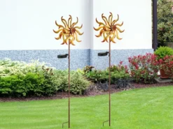 2er Set Solar Gartenstecker Windrad mit Erdspieß in Orange-Gelb & Kupfer H: 92cm