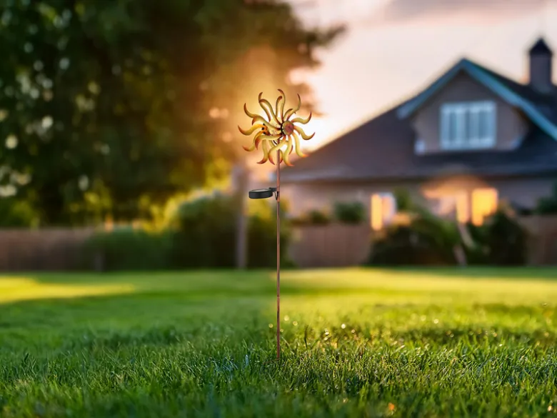 2er Set Solar Gartenstecker Windrad mit Erdspieß in Orange-Gelb & Kupfer H: 92cm