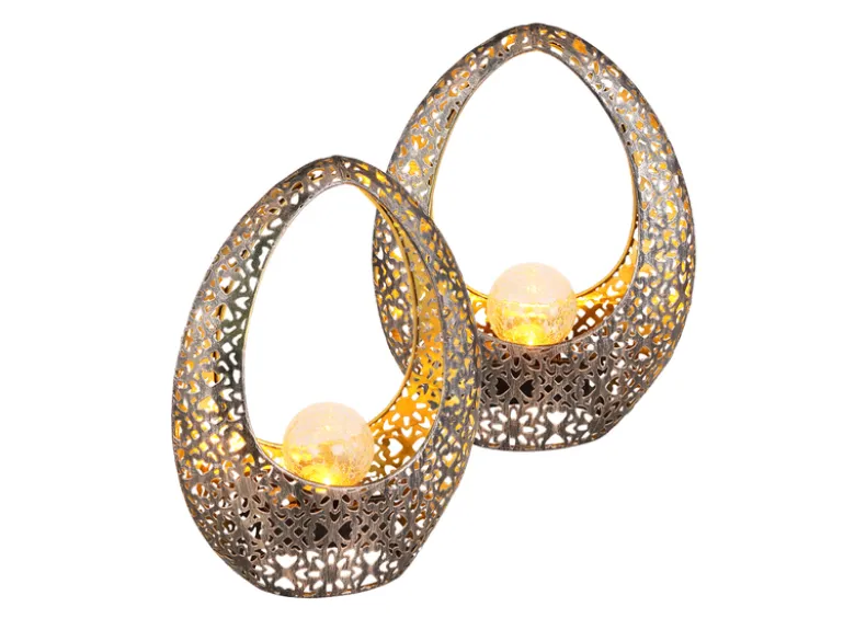 2er Set Solarleuchten mit Crackelglas, Dekorstanzungen Bronzefarben, Höhe 27,5cm