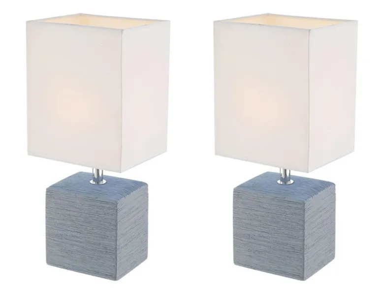 2er Set Tischleuchten GERI Fuß Keramik Grau mit Stoffschirm Weiß, Höhe 29cm