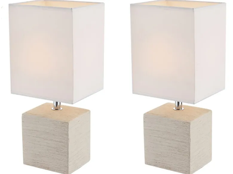 2er Set Tischleuchten GERI Fuß Keramik Beige & Stoffschirm Weiß, Höhe 29cm