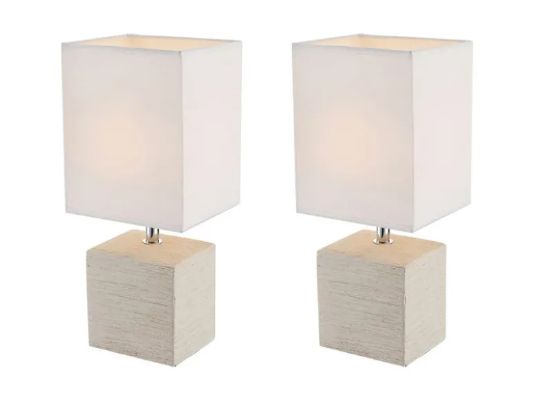 2er Set Tischleuchten GERI Fuß Keramik Beige & Stoffschirm Weiß, Höhe 29cm