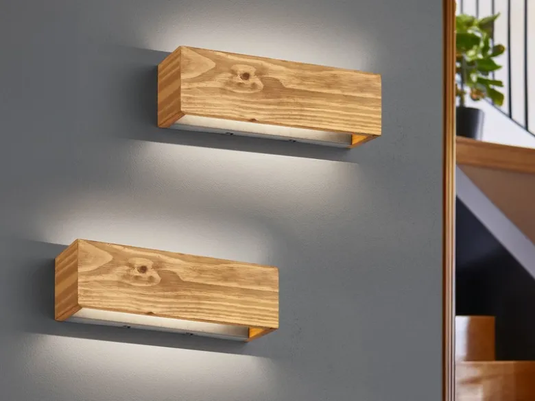 2er SET Up and Down LED Innen Wandlampen aus Echtholz, Breite 37cm
