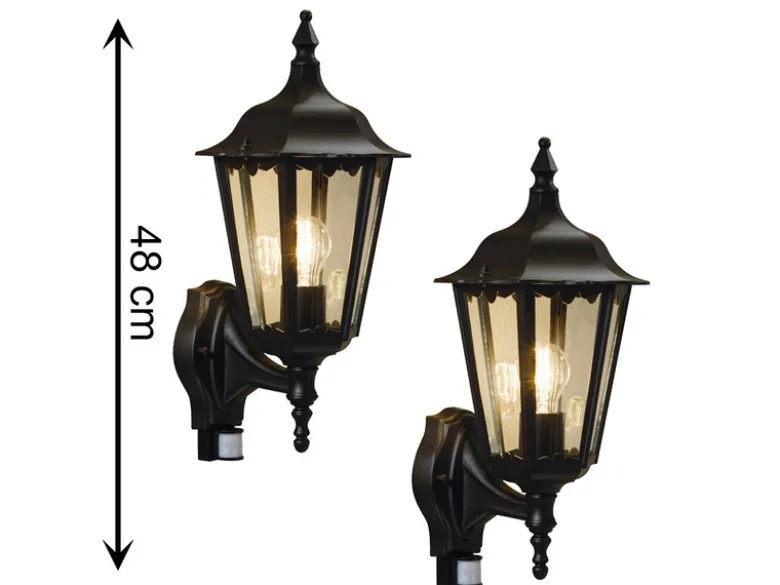 2er-Set Wandleuchten FIRENZE Bewegungsmelder, E27, Aluminium schwarz, Höhe 48 cm