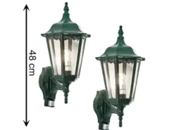 2er-Set Wandleuchten FIRENZE mit Bewegungsmelder E27, Aluminium grün, Höhe 48 cm