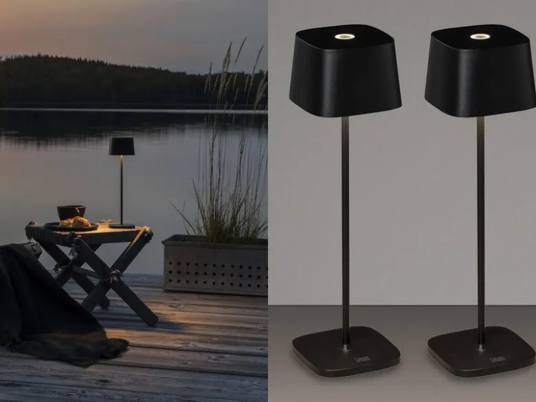 2er Set Wiederaufladbare LED Outdoor Tischleuchten dimmbar in Schwarz, Höhe 36cm