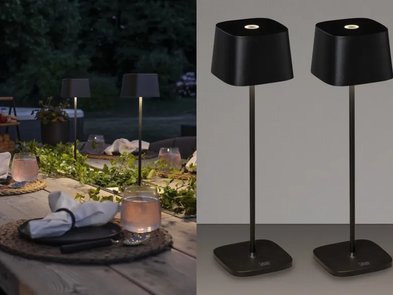 2er Set Wiederaufladbare LED Outdoor Tischleuchten dimmbar in Schwarz, Höhe 25cm