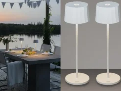 2er Set Wiederaufladbare LED Outdoor Tischleuchten dimmbar in Weiß, Höhe 35cm
