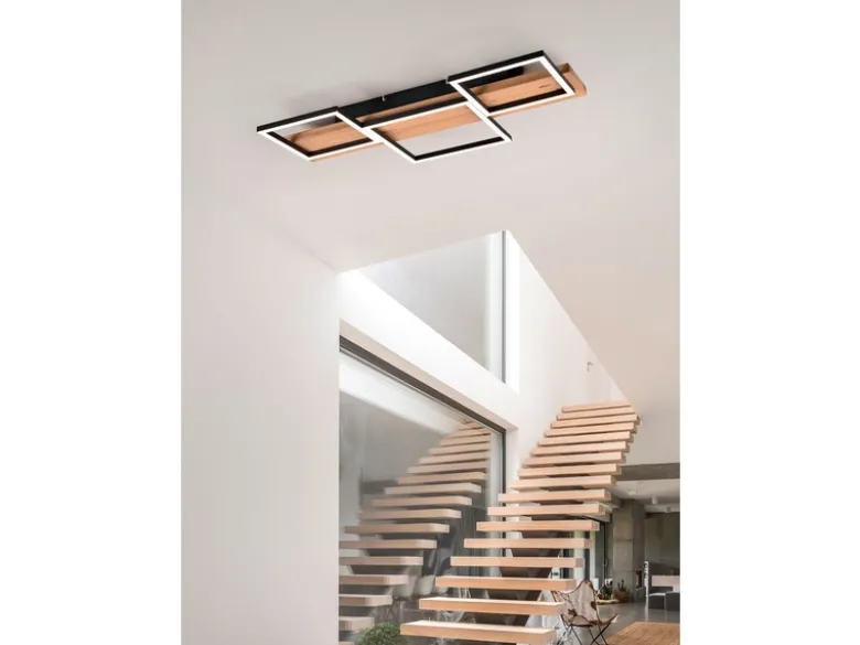 Flache LED Deckenleuchte HARPER dimmbar Holzbrett naturbelassen, Breite 65cm