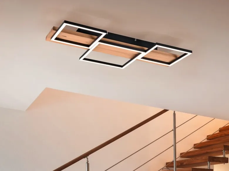 Flache LED Deckenleuchte HARPER dimmbar Holzbrett naturbelassen, Breite 65cm