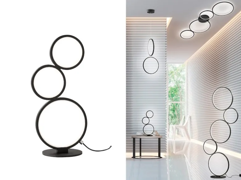 Flache LED Ringleuchte RONDO Tischlampe aus Metall schwarz matt, Höhe 45cm