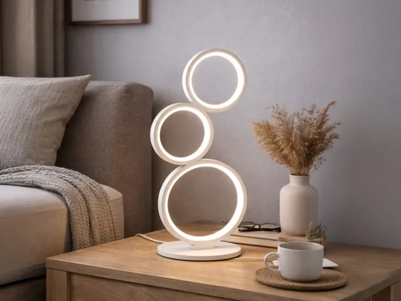 Flache LED RONDO Ringleuchte Tischlampe Metall weiß matt, Höhe 45cm