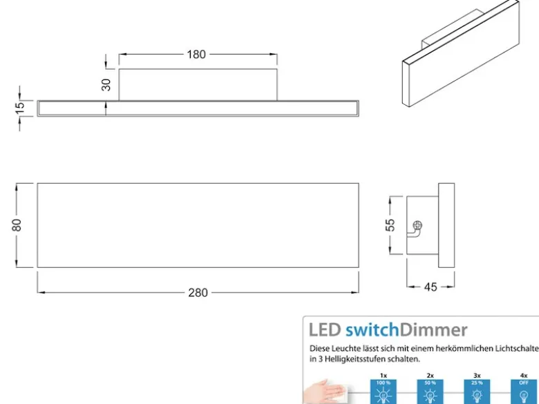 Flache LED Wandleuchte CONCHA Up and Down mit Dimmer, Weiß, Breite 28cm
