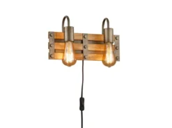 2-flammige Holzbrett Wandlampe KHAN mit Vintage Industriedesign, Breite 35cm