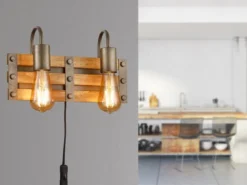 2-flammige Holzbrett Wandlampe KHAN mit Vintage Industriedesign, Breite 35cm
