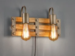 2-flammige Holzbrett Wandlampe KHAN mit Vintage Industriedesign, Breite 35cm