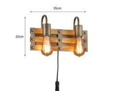 2-flammige Holzbrett Wandlampe KHAN mit Vintage Industriedesign, Breite 35cm