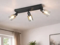 3-flammiger LED Deckenstrahler mit Glasschirmen Amberfarbig, Breite 42cm