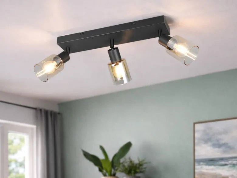 3-flammiger LED Deckenstrahler mit Glasschirmen Amberfarbig, Breite 42cm