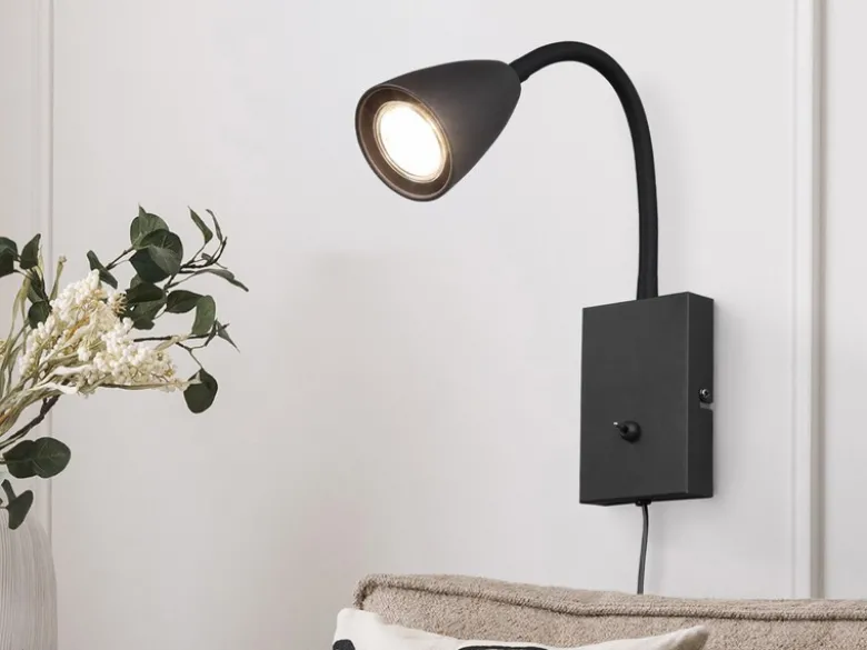 Flexible LED Leselampe, Wandleuchte mit Schalter & Stecker, Schwarz Höhe 23,5cm