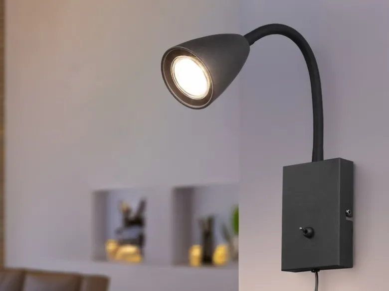 Flexible LED Leselampe, Wandleuchte mit Schalter & Stecker, Schwarz Höhe 23,5cm