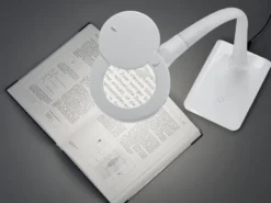 Flexible LED Schreibtischlampe LUPO weiß mit Lupe, 3-fach Dimmer