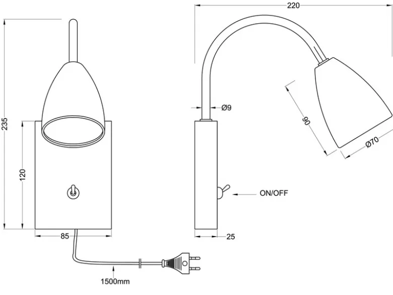 Flexible Leselampe WANDA, Wandleuchte mit & ohne Stecker, Messing matt