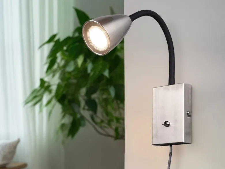 Flexible Leselampe WANDA, Wandleuchte mit & ohne Stecker, Silber matt