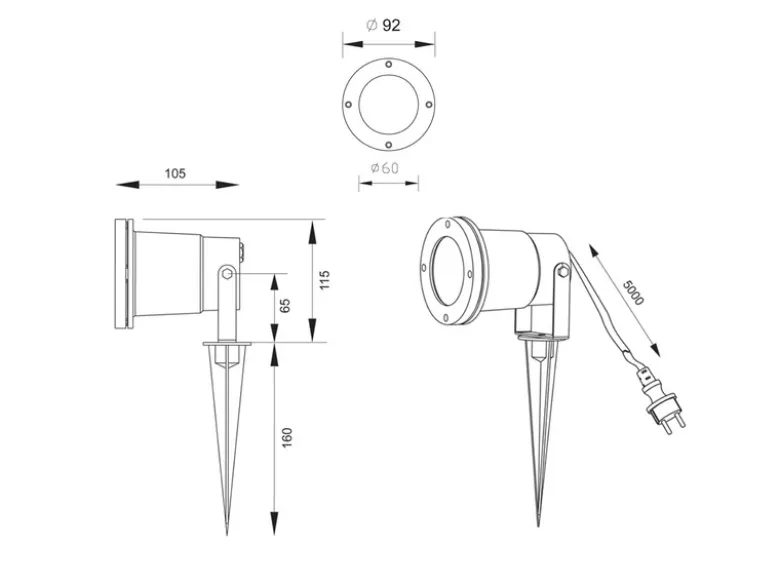 Gartenstrahler mit Erdspieß, 5m Anschlußkabel, Stecker & GU10 LED Ø 9cm