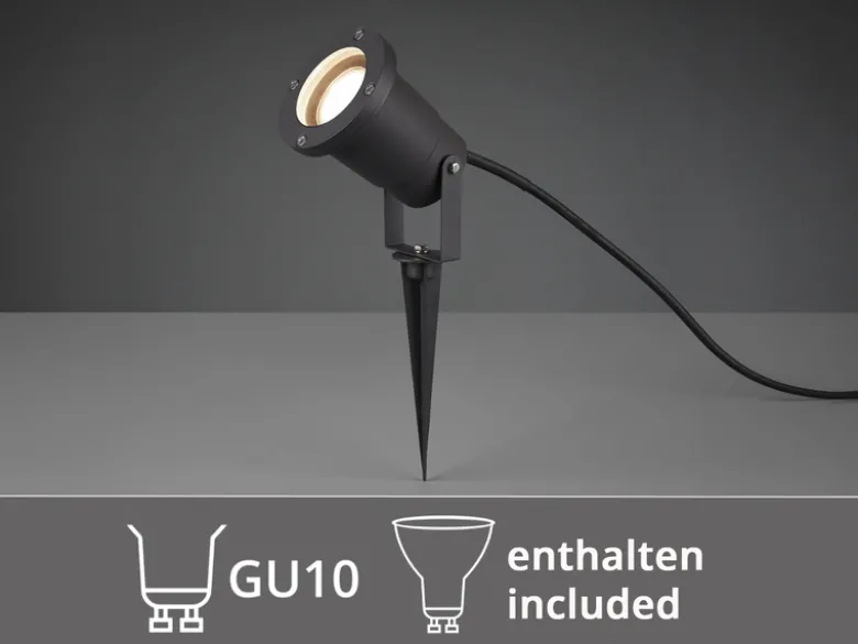 Gartenstrahler mit Erdspieß, 5m Anschlußkabel, Stecker & GU10 LED Ø 9cm