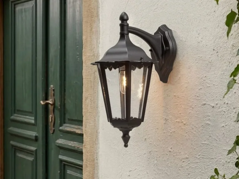 Große Außenwandleuchte Laterne hängend aus Aluminium Schwarz, Höhe 45cm
