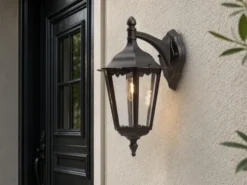 Große Außenwandleuchte Laterne hängend aus Aluminium Schwarz, Höhe 45cm