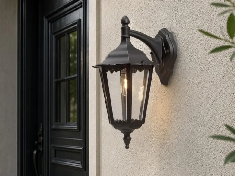 Große Außenwandleuchte Laterne hängend aus Aluminium Schwarz, Höhe 45cm