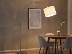 Große Bogenlampe höhenverstellbar von 150-215cm, Stoffschirm Weiß mit E27 LED